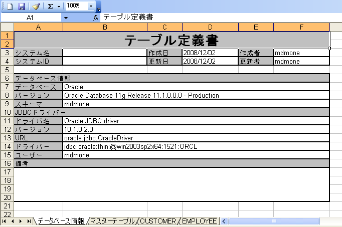 テーブル定義書の表紙